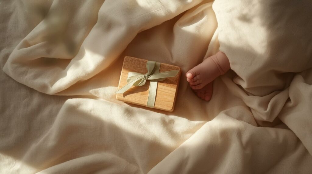 自然光が差し込む中で、丁寧にラッピングされた木のおもちゃと新生児の小さな足