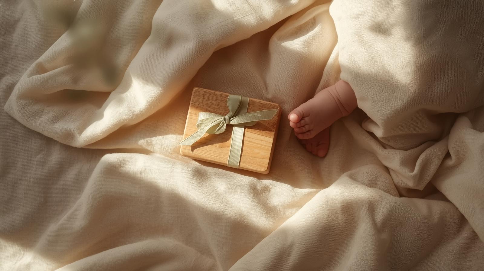 自然光が差し込む中で、丁寧にラッピングされた木のおもちゃと新生児の小さな足