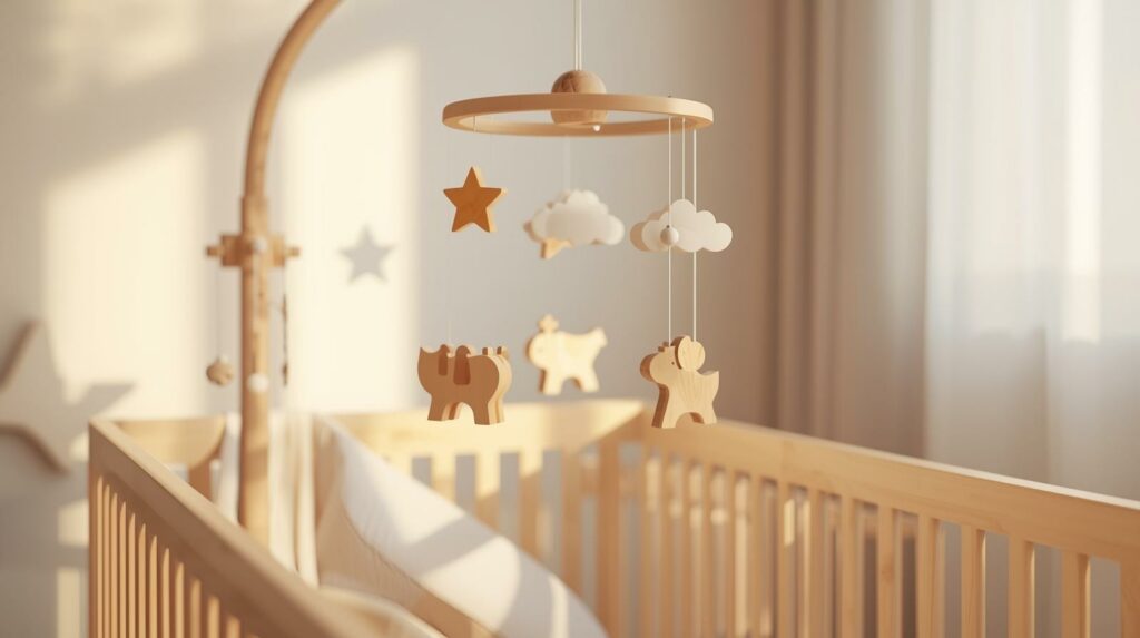 ベッドサイドで優しく揺れる、無塗装の木製ベビーモビール