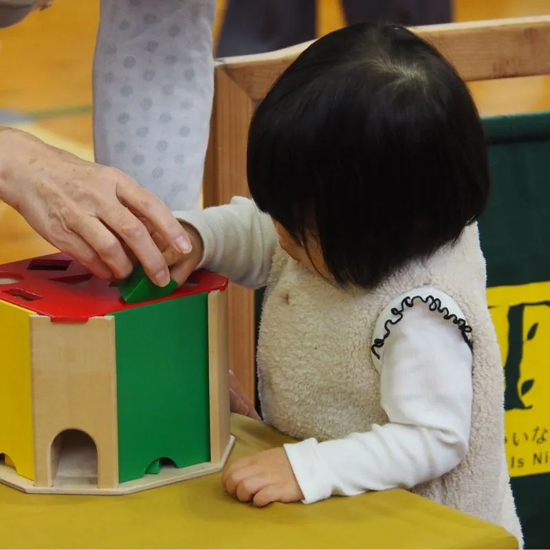 型はめパズルで遊ぶ1歳児の手元クローズアップ(集中している様子)