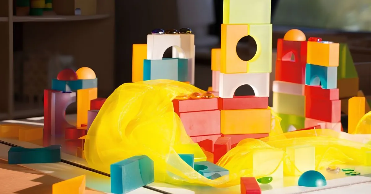 デュシマ社Lumiブロックに光が当たり色鮮やかな影が広がる様子